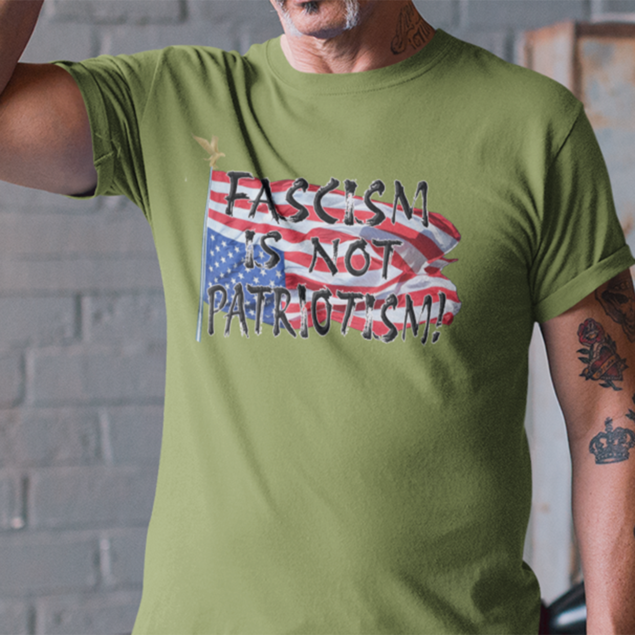 FASCISM IS NOT PATRIOTISM T-SHIRT/HEATHER GREEN