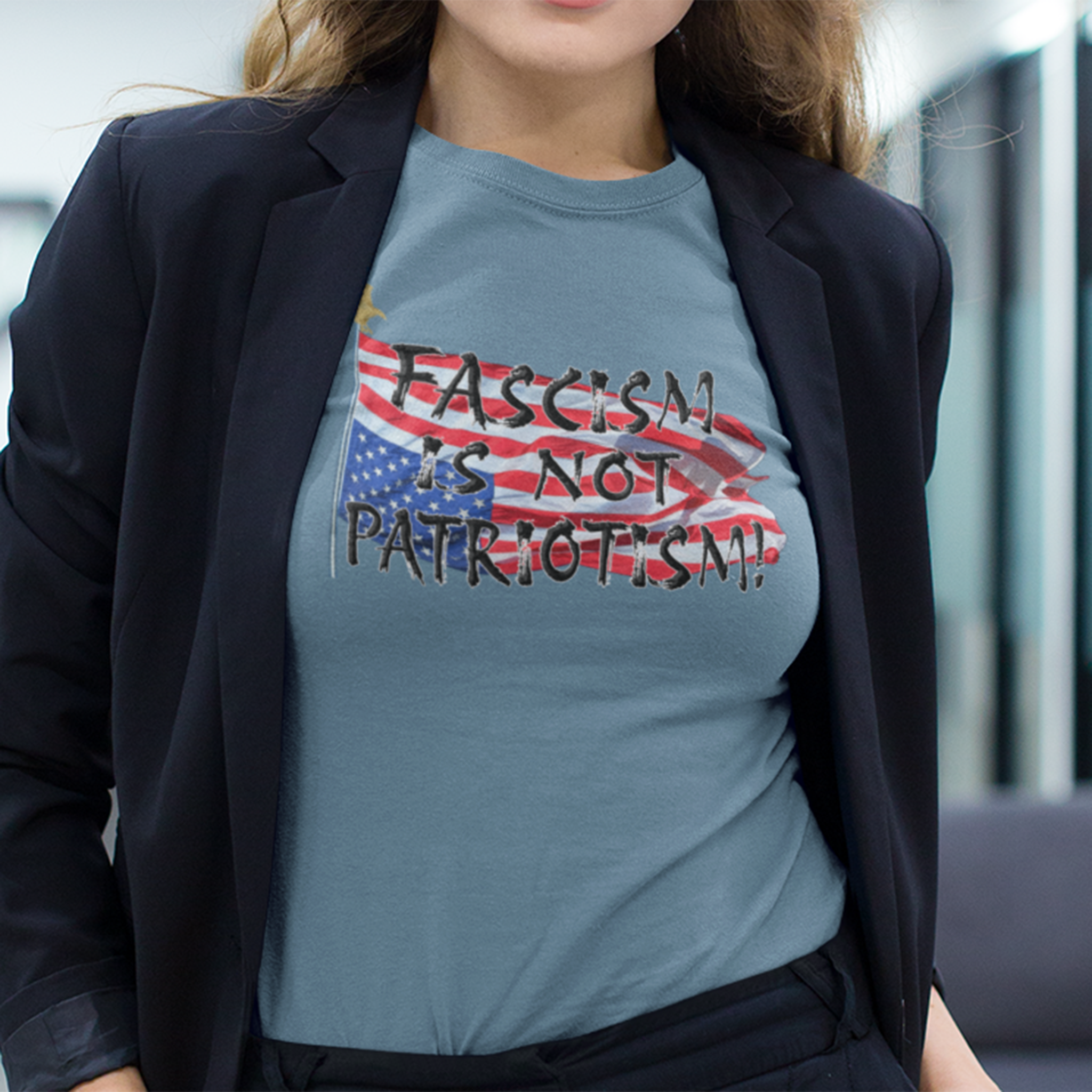 FASCISM IS NOT PATRIOTISM T-SHIRT/STEEL BLUE