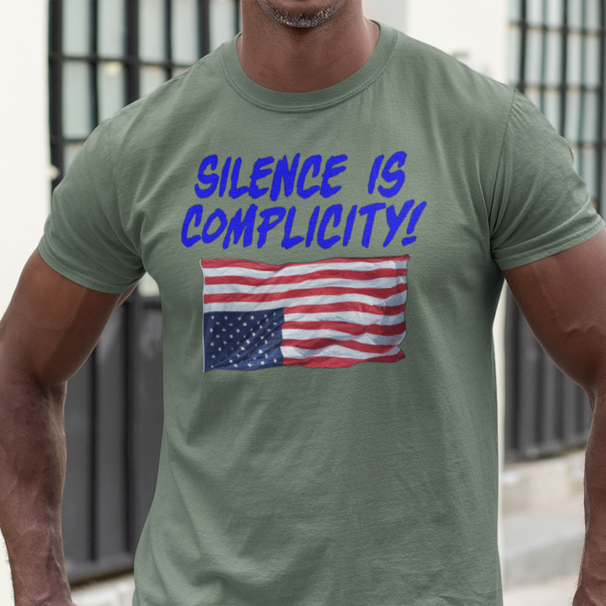 SILENCE IS COMPLICITY T-SHIRT/MILITARY GREEN