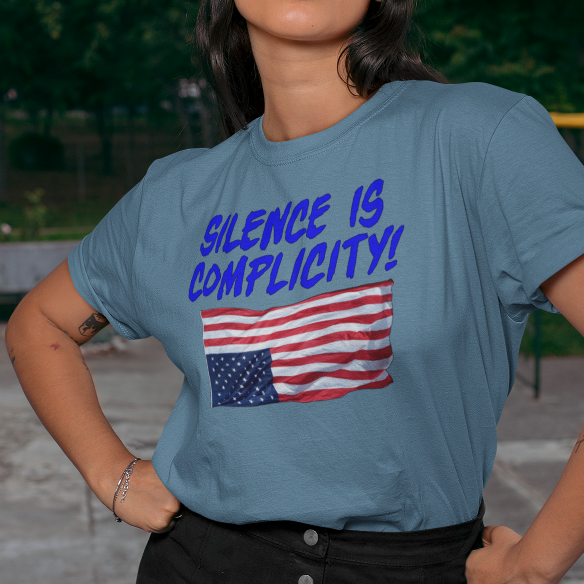 SILENCE IS COMPLICITY T-SHIRT/STEEL BLUE