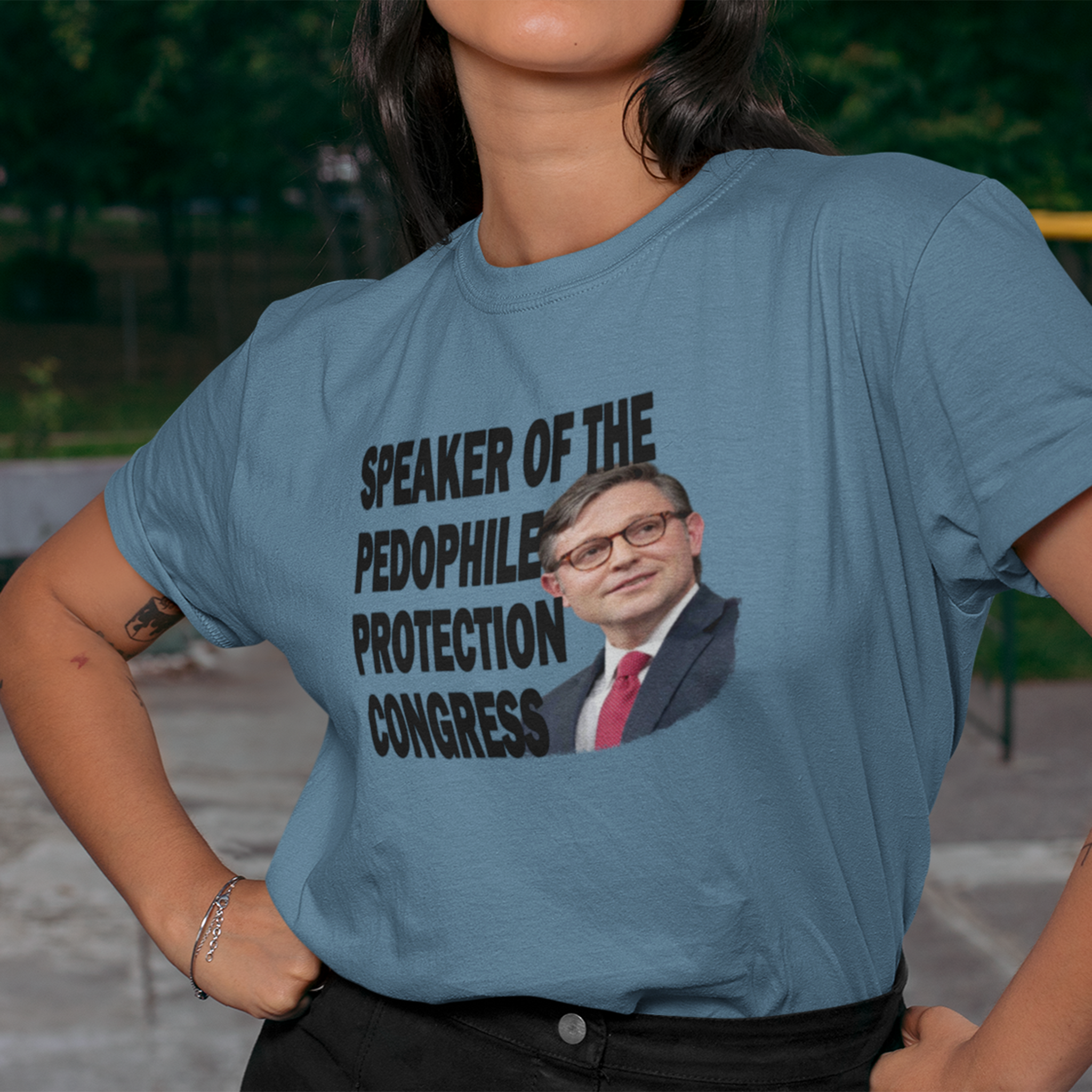 SPEAKER OF THE PEDOPHILE T-SHIRT/STEEL BLUE