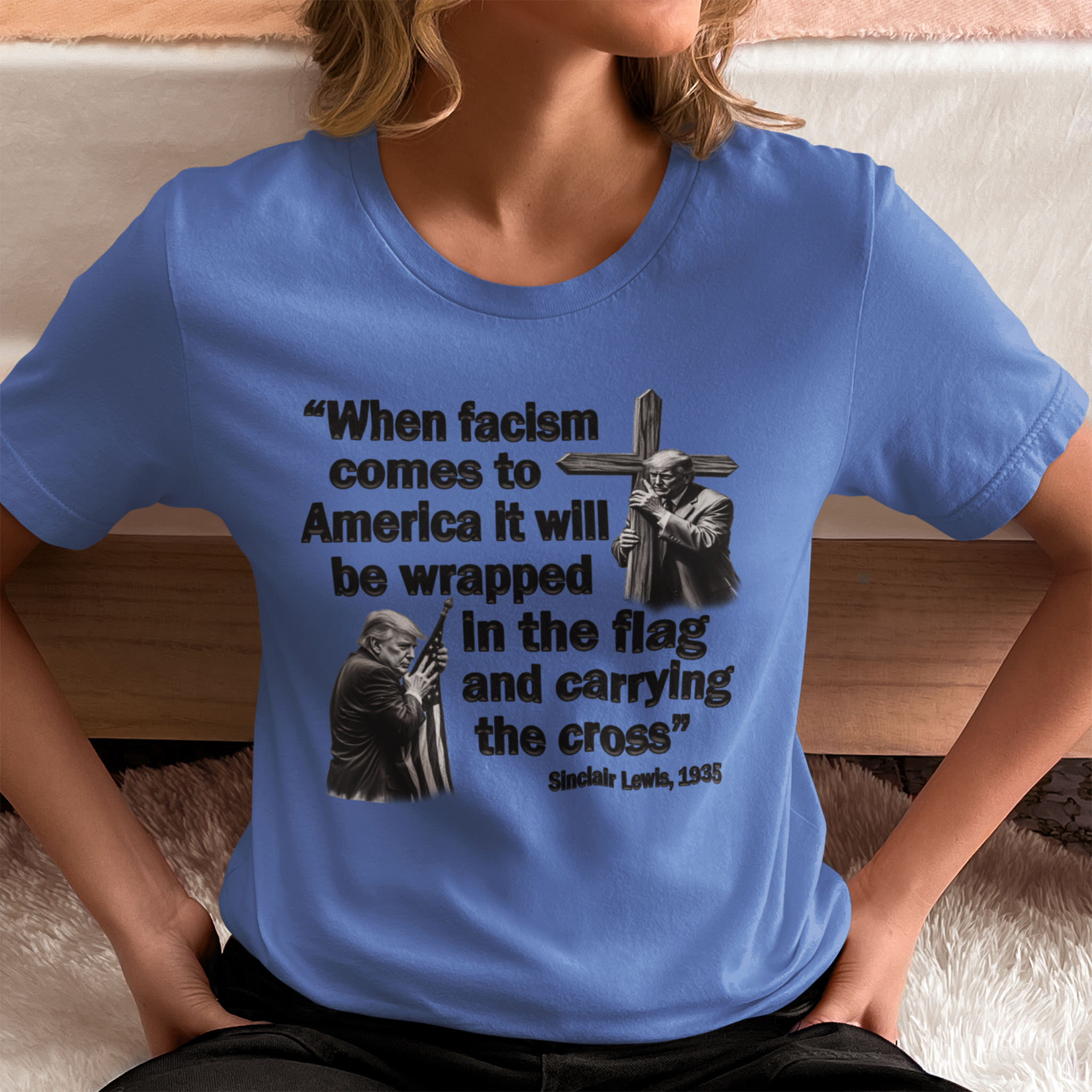 WHEN FASCISM COMES T-SHIRT/HEATHER COLUMBIA BLUE